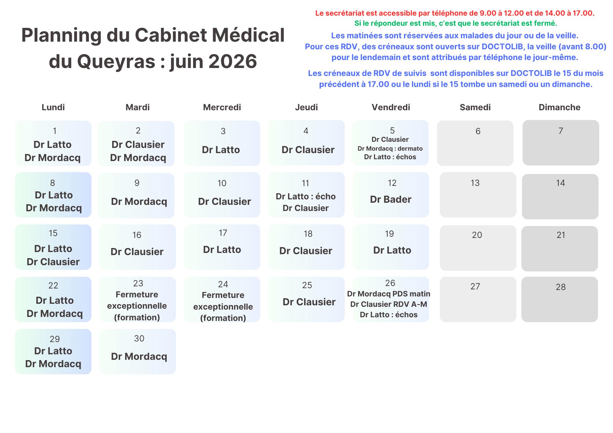 planning medecins juin 2026